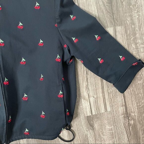 ST. JOHN SPORT 1990s Vintage So Cherry Print Side Tie Black Zip Up Denim Jacket - Picture 9 of 14